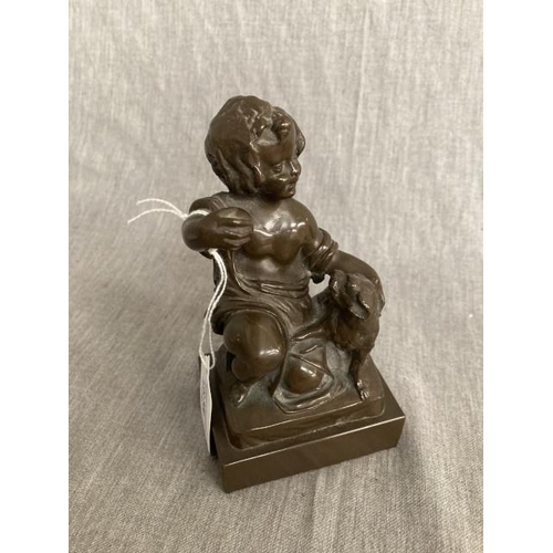 308 - Bronzed sculpture of child & dog (855g) 14cm tall