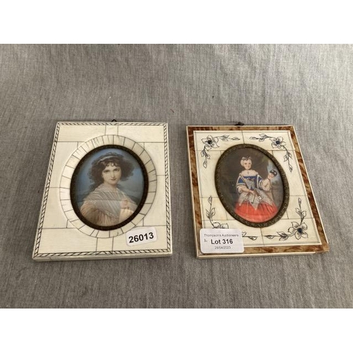 316 - 2 framed miniature hand painted portraits 11x13.5cm