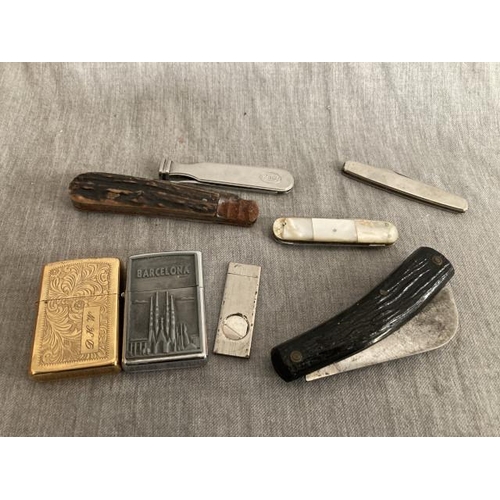 342 - 2 lighters (one Zippo), cigar cutter & 5 pocket knifes Inc. Gottlieb Hammesfahr etc.