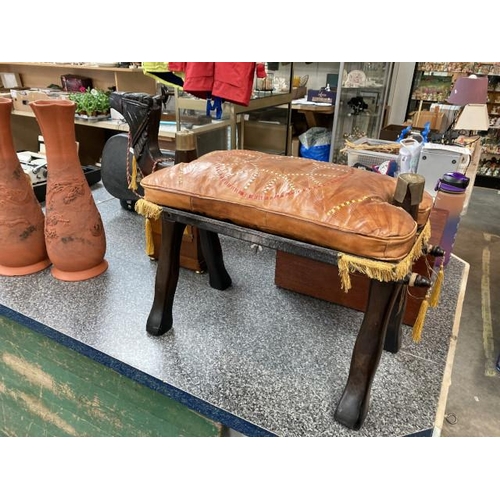 227 - Vintage camel stool with tan leather seat pad