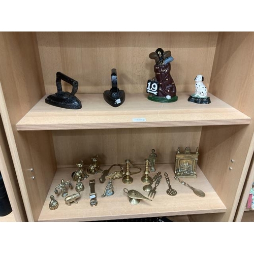 234 - Assorted brass and cast items including candlesticks, elephant, spoons etc