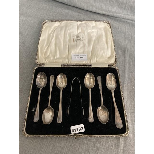 260 - Cased silver teaspoons & sugar tongs (as seen- spoons not a matching set, combined weight approx. 70... 