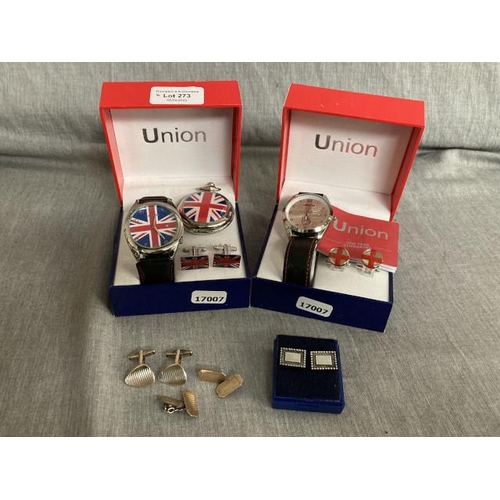 273 - 2 pairs of gold on silver cufflinks, a pair of 1956 silver cufflinks & 2 new, boxed Union watches (1... 