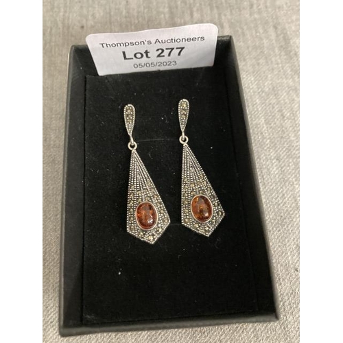 277 - Pair of silver, amber & marcasite earrings