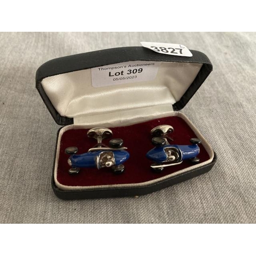 309 - Pair of Deakin & Francis silver enamel racing car cufflinks