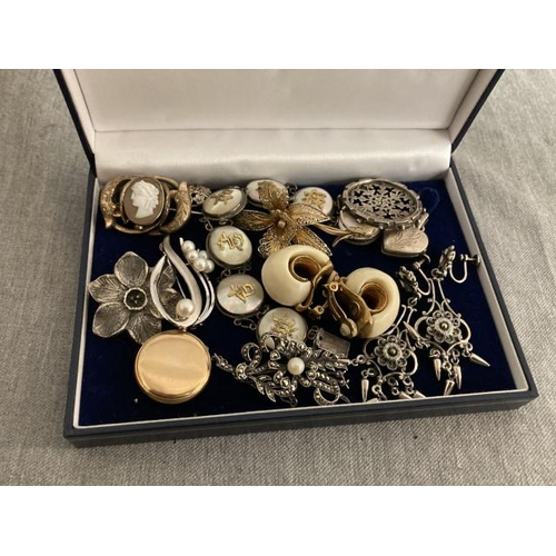 311 - Box of assorted antique brooches, silver, marcasite brooch, Ketcham & Dougall 1903 New York gilt bro... 