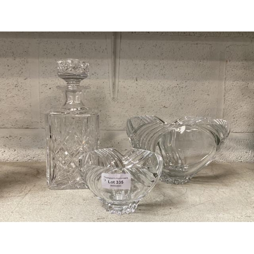 335 - Cut glass decanter and 2 Tyrone Crystal 