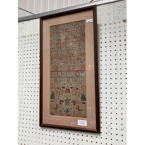 352 - Antique sampler in later frame 28x52cm