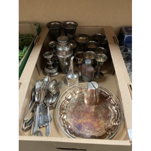 382 - Box of plated ware including candlesticks, cutlery, goblets, cocktail shaker etc