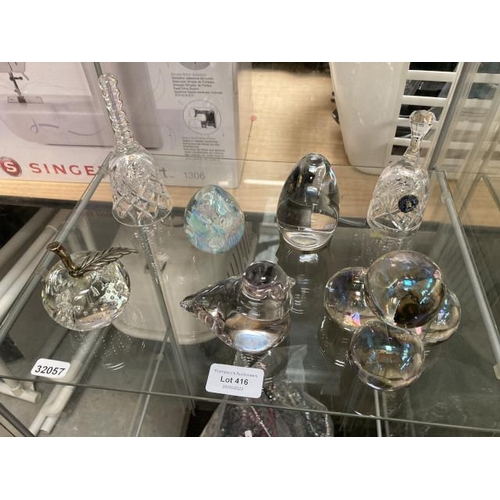 416 - 5 glass paperweights and 2 crystal bells