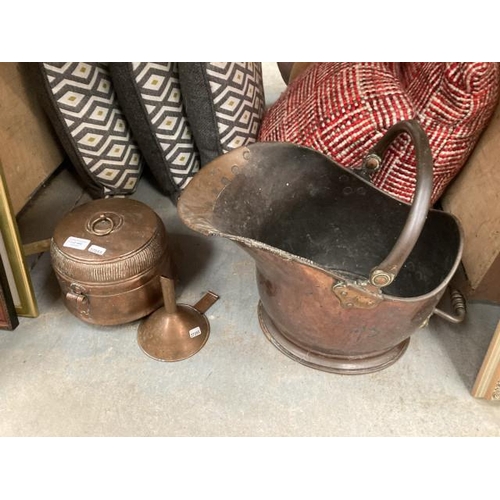 445 - Antique copper coal bucket, Omani copper cooking pot and a copper funnel