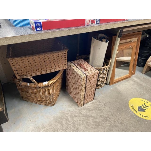 452 - Assorted wicker baskets, 2 pine mirrors, Kenyan tea chest & 3 vintage posters including Batman (as f... 