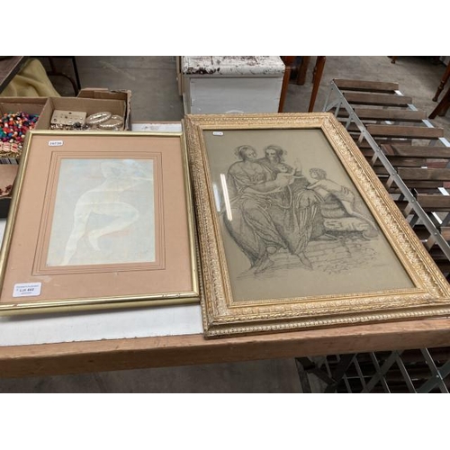 460 - Framed pen and ink drawing by PG Dixon '67 and a 1960's Rodin reclining nude print