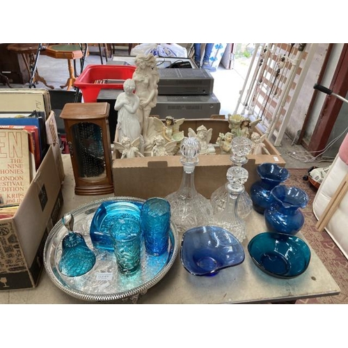 470 - 3 glass decanters, plated tray, fairy figurines, blue glass etc