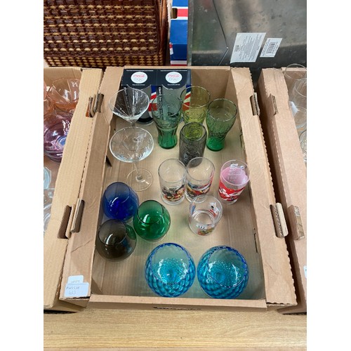 463 - Assorted glassware including Coca Cola, Martini, sundae dishes, box of stainless steel kitchenalia, ... 