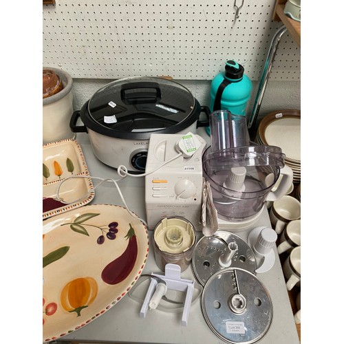 355 - Lakeland slow cooker, Masterchef 650 mixer, cafetiere, boxed cheese plates, oval Portmeirion plate, ... 