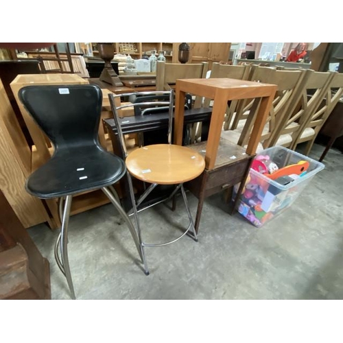 213 - 2 bar stools, Laura Ashley lamp table, oak sewing box 59H 44W 33D etc