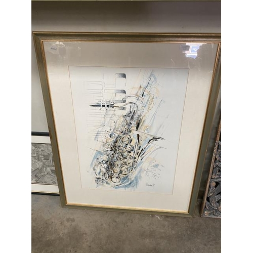 247 - Thomas Weisenberger 1989 framed print of a saxophone 96 x 71cm