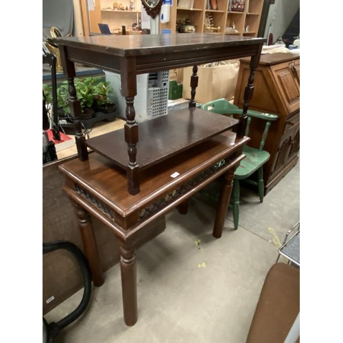 260 - Oak coffee table 49H 81W 41D and an Oriental console table with metal fretwork 77H 90W 46D