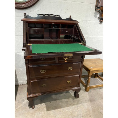 54 - Victorian mahogany bureau with carved front and fretwork gallery with 1 key 105H 64W 49D