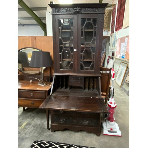 216 - 19th century carved oak bureau bookcase with 1 key 212H 89W 45D