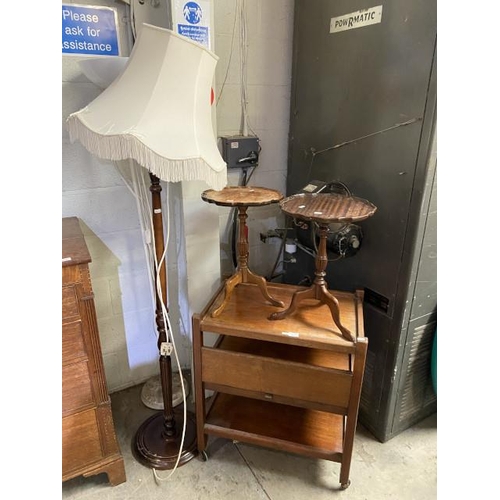 131 - 2 mahogany wine tables 50H 35 diameter and a vintage oak trolley 77H 68W 46D