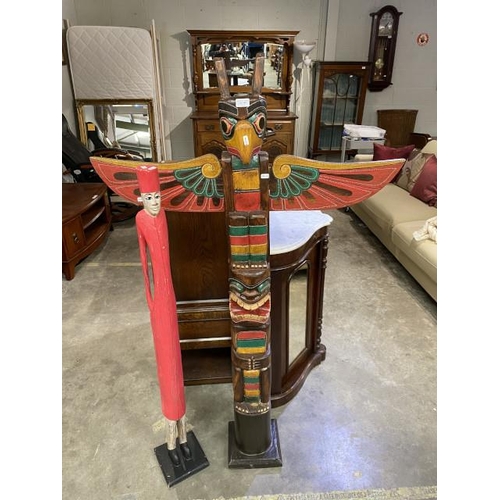 169 - Wooden Indian totem pole 153H 100W and a Moroccan statue 123H