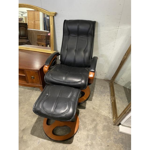 176 - Black faux leather electric 10 mode massage/heat swivel reclining chair 69W with matching footstool