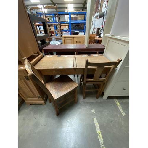 23 - Vintage double oak school desk 66H 103W 46D with 2 oak school chairs