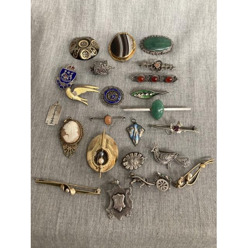 405 - Box of antique brooches Inc. silver, enamel, cameo, Scottish, Art Nouveau, etc.