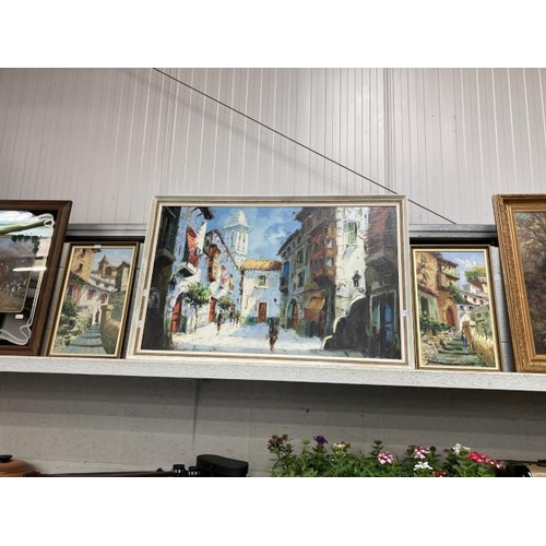 445 - Three framed street scene Aller oil paintings 98x64cm & two 28x44cm