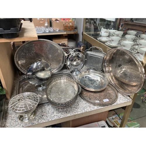 531 - Collection of silver plated serving trays Inc. galleried, sandwich stands, etc.