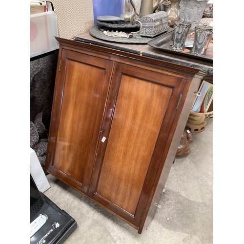 602 - Mahogany wall cupboard with interior shelves. 77H, 66W, 21D