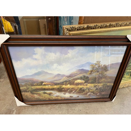 642 - Oak framed mirror , bamboo framed Oriental print etc