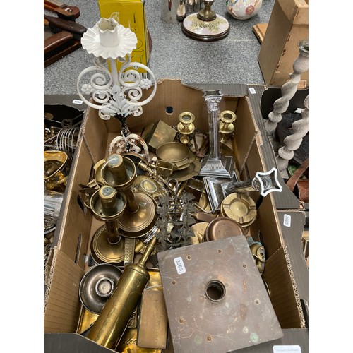 595 - 2 boxes of brass & metalware inc. silverplate candle holder, lantern, weights, jugs, spoons, etc