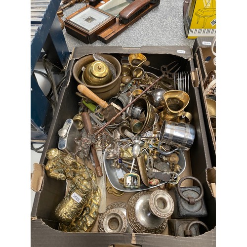 595 - 2 boxes of brass & metalware inc. silverplate candle holder, lantern, weights, jugs, spoons, etc