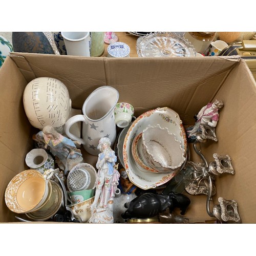 585 - 3 boxes of cutglass etc, box of collectables inc, phrenology head, plated candelabra, figurines, Coa... 