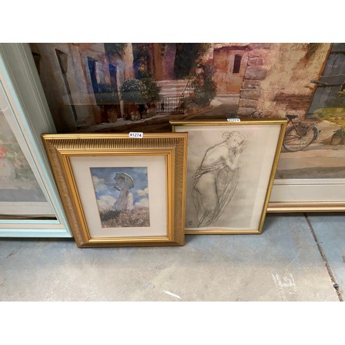 565 - 2 framed pencil signed prints 60x70cm, gilt framed nude study 24x32cm, gilt framed print by Giles Ar... 