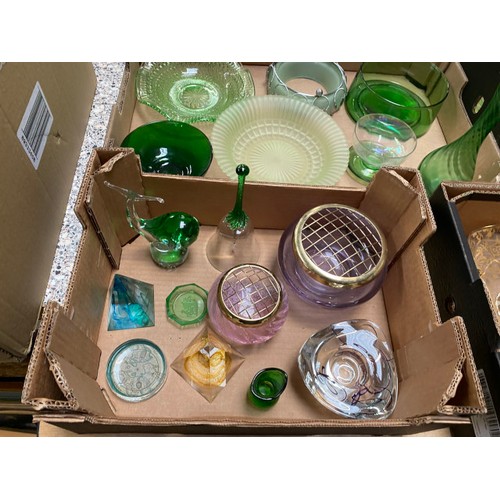 496 - 6 boxes of mixed glass Inc. coloured, pressed, Carnival, art, paperweights, Caithness and Art Deco, ... 