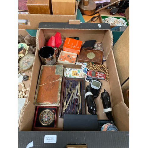 470 - 4 boxes of collectables, drawing instruments, two Saddle Back Pigs (one marked Beswick), sunglasses,... 