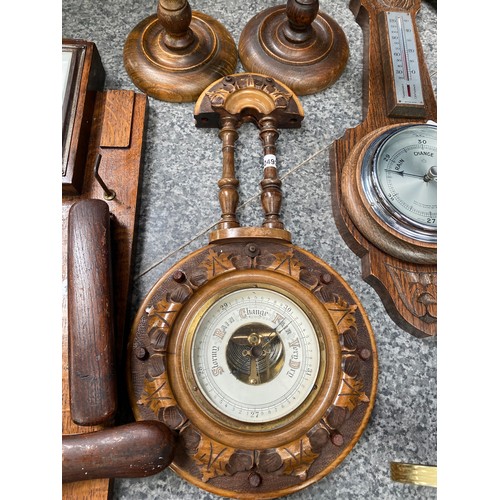 251 - Pair of oak candlesticks, 5 barometers, vintage Westclox clock etc.