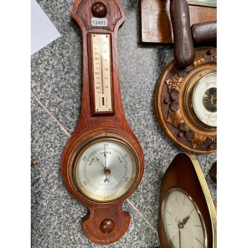 251 - Pair of oak candlesticks, 5 barometers, vintage Westclox clock etc.