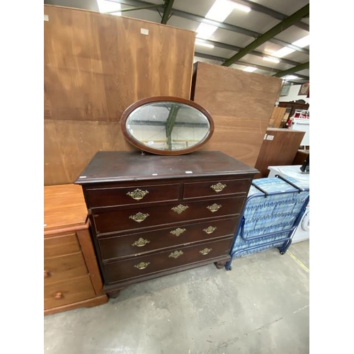 72 - Victorian oak 2 over 3 chest 110H 110W 51D and a mahogany framed oval mirror 74 x 43cm