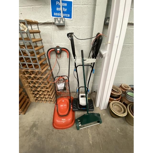 103 - Flymo Turbo Lite 330 lawnmower, MacAllister 1400W tiller & a Sorrell roller