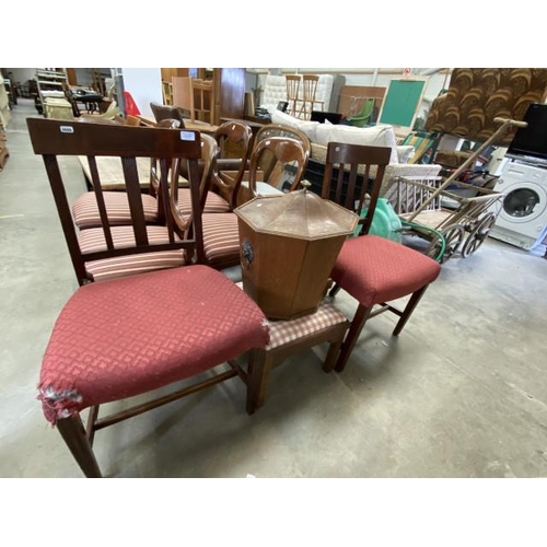 107 - Pair of mahogany side chairs, Victorian oak wine cooler with lead liner and copper lion handles and ... 