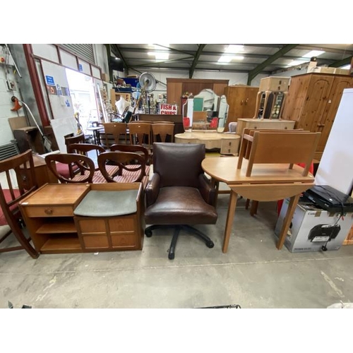 108 - Nathan teak telephone table 56H 91W 37D, mid century teak magazine rack 35H 51W 20D, oak drop leaf t... 