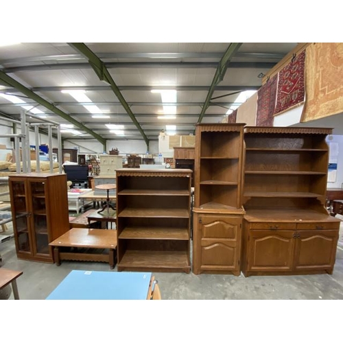 115 - Romanian oak dresser 181H 120W 47D, bookcase 134H 97W 32D and a corner cabinet 191H 67W 35D, Oak cof... 