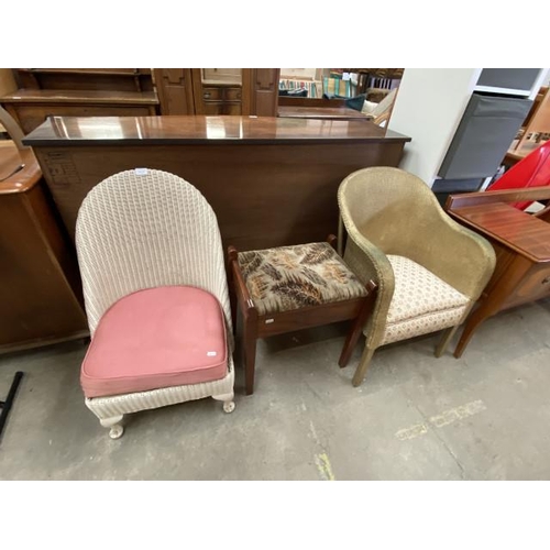 143 - Lloyd Loom Lusty bedroom chair 46W, Lloyd Loom style bedroom chair 55W and a mahogany piano stool wi... 