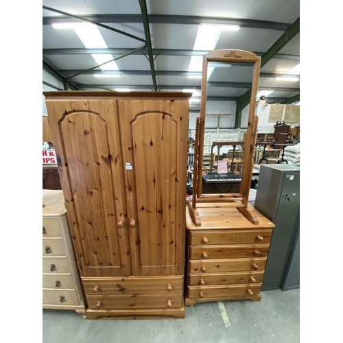 155 - Pine 2 door wardrobe 181H 85W 53D, pine 5 drawer chest 85H 75W 42D and a pine cheval mirror 133H 53W... 