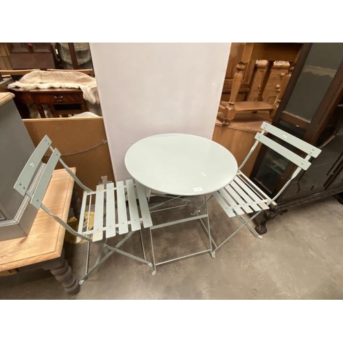 160 - Metal folding garden table 71H x 60cm diameter and 2 chairs